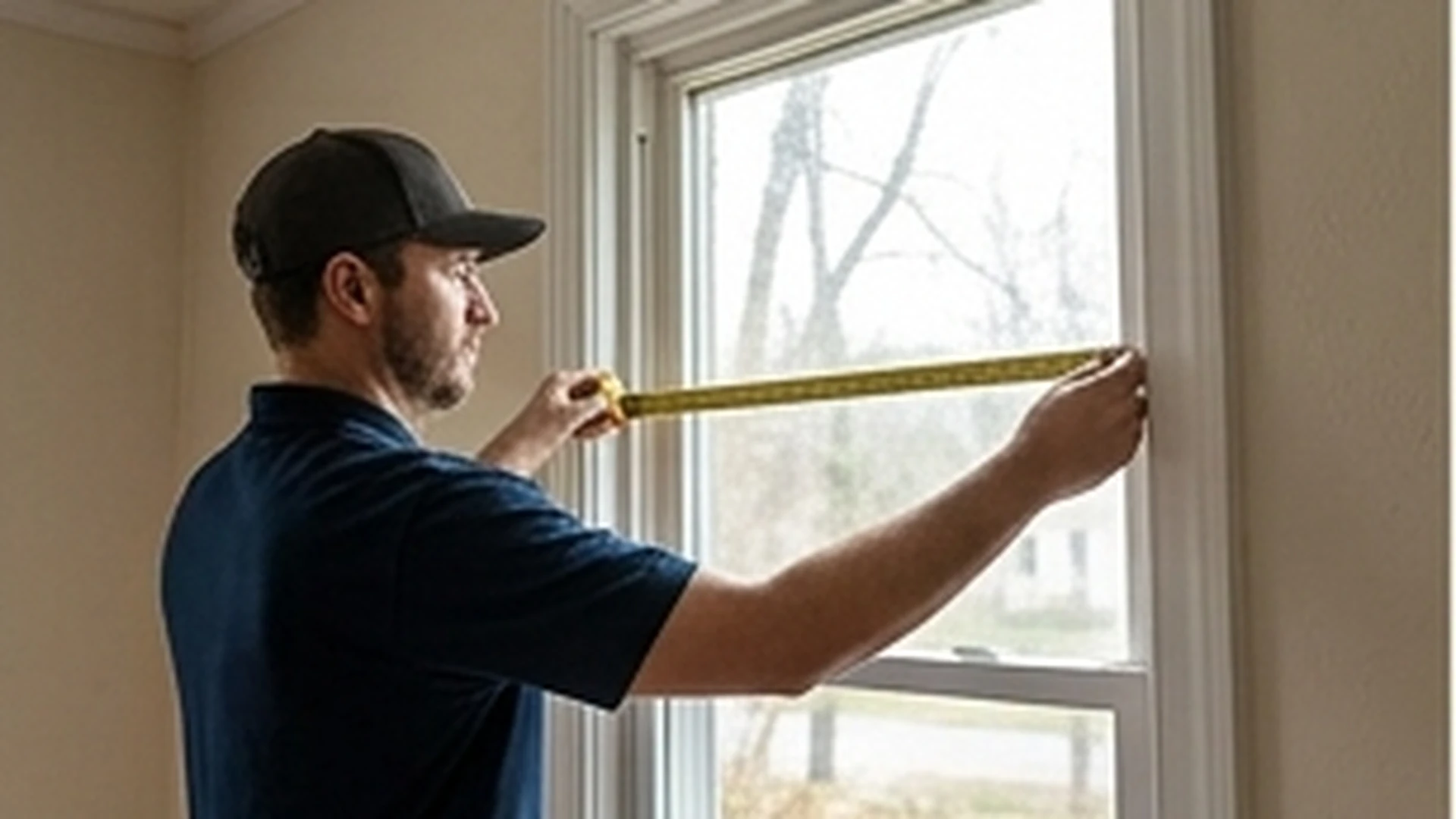 Technician measuring a window opening with trim and seal details